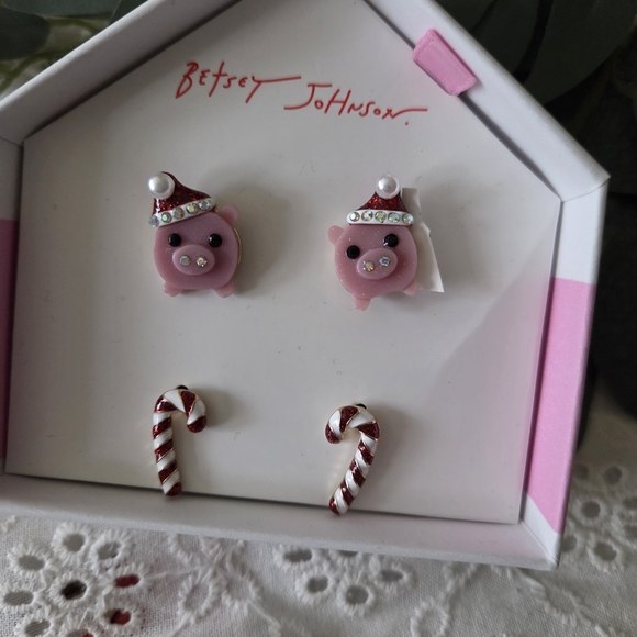 Betsey Johnson Festive Pink Pig Earrings with Candy Canes - Picture 3 of 4